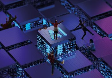Montage: people dance about on what looks like the CPU of a computer, in the middle of which is a square protuberance with the letters AI on the top