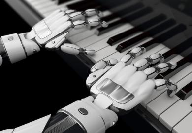 A robot plays the piano, symbolising artificial intelligence