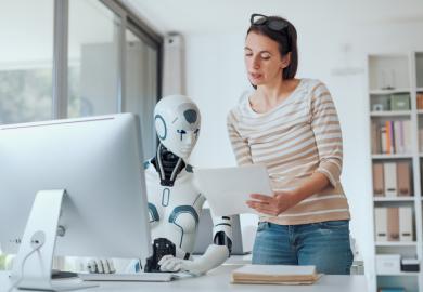 A woman talks to a robot about a paper, symbolising the trialling of AI peer review