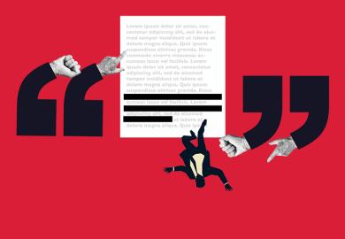 Man being pushed from a retracted paper by quotation marks that are pointing and have clenched fists. To illustrate harsh sanctions for research misconduct.