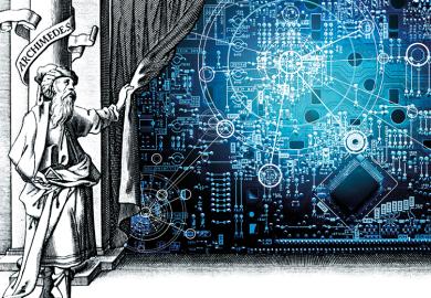 Illustration: Archimedes unveils a circuit board from behind a curtain