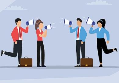 Figures in red and blue shout at each other through megaphones