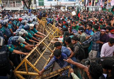 Student activists are shouting slogans before they submit their memorandum to the country's President on quota reforms for civil service jobs, during a demonstration held in Dhaka, Bangladesh, on July 14, 2024