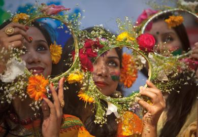 Bangladeshi girl has head decorated with flowers, Dhaka University