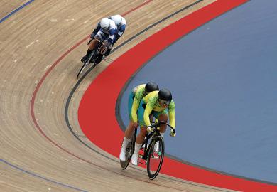 Two tandem teams race on cycle track