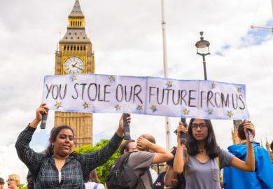 Students at a protest against Brexit in front of the Houses of Parliament, June 2016