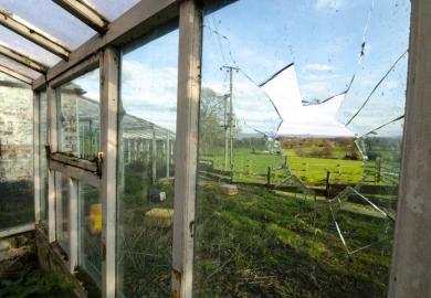 A greenhouse with a broken glass pane, illustrating the threat to academic freedom