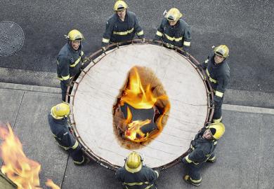 Firemen holding a burning safety net. To illustrate that by treating equity work as an ideological luxury, institutions are destroying the safety net that everyone could need.