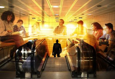 Montage of students in a university seminar and a commuter heading down an escalator. To illustrate work experience as a part of university courses.