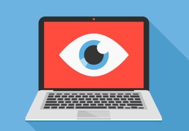 An eye stares out of a computer screen, symbolising online proctoring