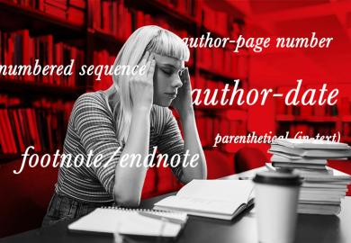 A stressed student in a library with various referencing styles in text around her.