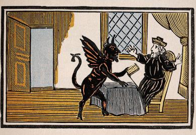 Doctor Faustus selling his soul to the Devil. To illustrate that the Trump administration’s Compact for Academic Excellence is trying to extort nine universities to submit to its control.