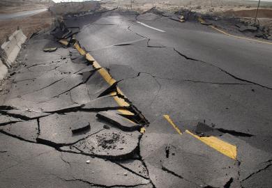Cracked road damaged by earthquake