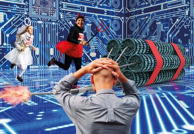Man with his hands on his head, students in fancy dress and sticks of dynamite against a backdrop of circuitry