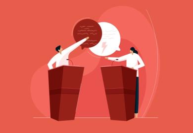 Illustration: Two people debate at lecterns
