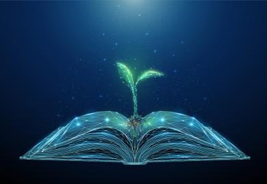 A digitised book with a tree growing out of it, symbolising the digital humanities
