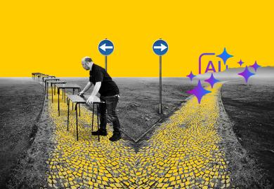 A diverging path with one direction showing a man setting up desks for an exam, and AI in the other direction. To illustrate whether universities are returning to in-person exams to combat AI cheating.