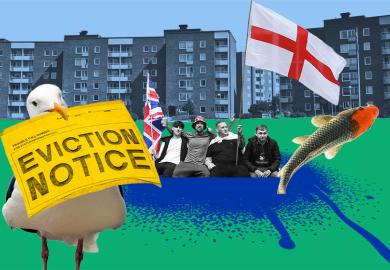 Montage showing far-right Britain First party supporters holding a Union Flag and a St George Cross sitting in a pond made from blue spray paint, while a seagull holds an eviction notice and a carp jumps from the pond. Student accommodation in background