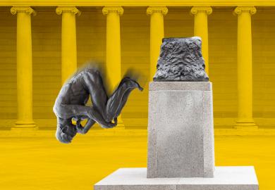 Rodin's Thinker statue falling from its pedestal. To illustrate that calls to ditch AI because it is destroying students’ analytical skills ignore institutions’ terrible record at developing complex reasoning.