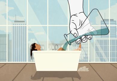 An illustration of a student having a bath in a lavish apartment, with the water being diluted with liquid poured from a flask. To illustrate that the OfS must spearhead a dilution of the UK’s lavish student experience.