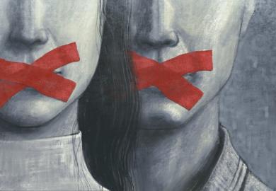 People with tape on their mouths, symbolising restrictions on free speech