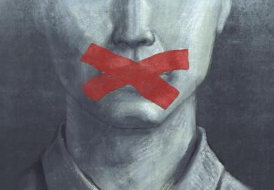 A man with tape over his mouth, symbolising free speech