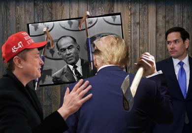 Photo montage showing Donald Trump throwing an axe at a picture of J. William Fulbright, being supported by Elon Musk with Marco Rubio looking on. To illustrate cuts to the Fulbright Program by Trump’s Department for Government Efficiency (Doge).