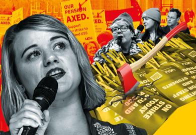 Montage showing UCU strike, placards with axe, Jo Grady, Saira Weiner, Vicky Blake and Ewan McGaughey