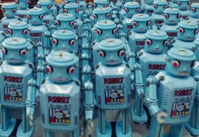 Group of blue robots facing camera