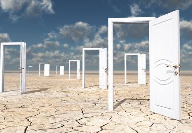 Group of open doors on parched earth