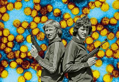 Vintage image of two men in tracksuits standing back to back holding guns illustrating opinion about back-to-back publication
