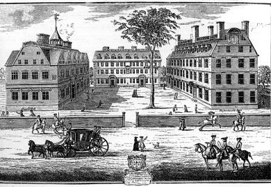 A prospect of the colledges (colleges) at Cambridge in New England, USA: Harvard Hall and Massachusetts Hall. American print, c 1739
