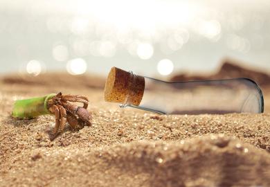A hermit crab unable to move in to a stoppered scientific flask. To illustrate that despite merit many early-career researchers are unable to grow within their careers.