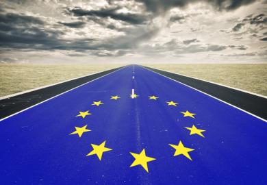 a road with the European flag on it
