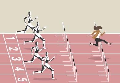 A human outpaces robots on a running track, illustrating that ChatGPT is not a threat