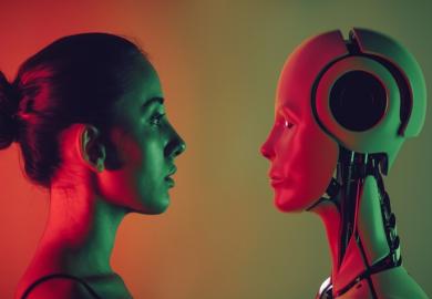 A human face to face with a robot, illustrating the question of whether AI can be a peer reviewer