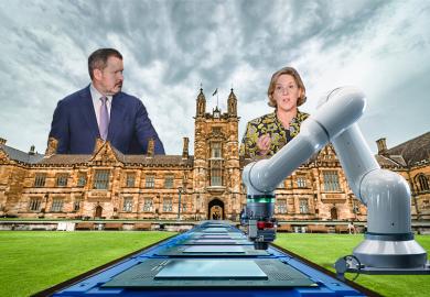 Montage of Tesla Australia CEO Robyn Denholm and Australian science minister Ed Husic speaking during a press conference, 2 December 2024, with the University of Sydney and a production line of computer chips.