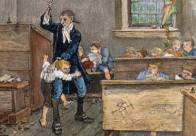 Late 19th century line engraving of 'The Legend of Sleepy Hollow' by Washington Irving of child being hit in the classroom 