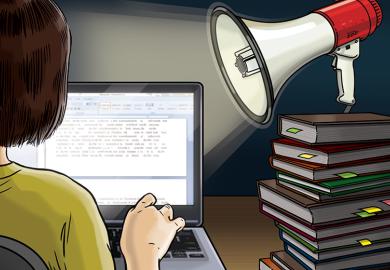 An illustration of a woman typing on a laptop with a pile of books beside her