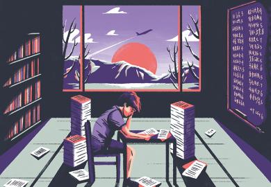 Illustration of a Chinese student surrounded by papers