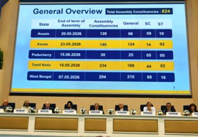 Indian election commissioners announce the recent elections at a press conference