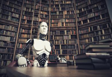 An intimidating robot sits in a library, illustrating loss of human intellectual confidence