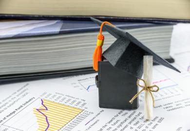 Financial charts projecting upward and a small mortarboard, signifying international students