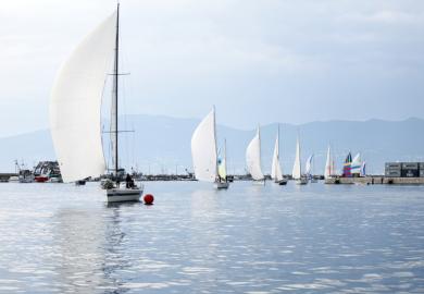 Sailboats entering the finish of the Fiumanka regatta in Rijeka, Croatia.