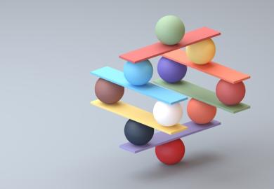 A jenga-type game with balancing balls, symbolising Dutch science policy