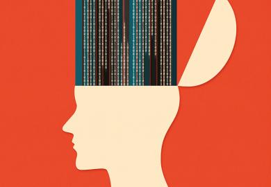 Illustration of flip-top head with data streaming out the top, illustrating artificial intelligence impact on higher education