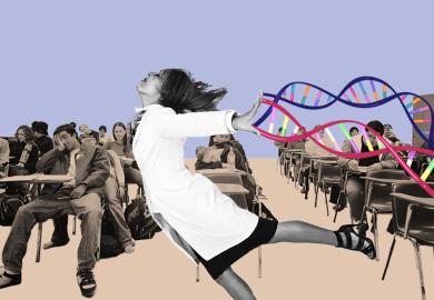 A lecturer dancing across the room with ribbons of DNA streaming behind, with bored students in the background. To illustrate a lack of teaching training for academics.