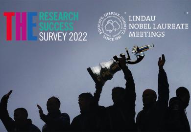 Montage of group lifting trophy with microscope to illustrate research success