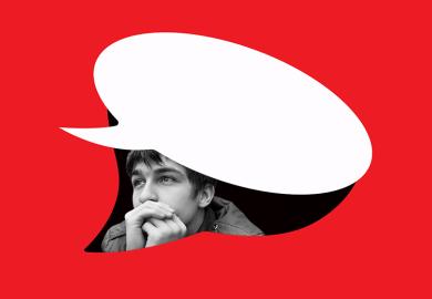 Student looking out pensively from under a speech bubble. To illustrate that undergraduates are choosing silence over dissent given the high price paid by scholars advancing controversial ideas.