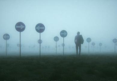 A man lost in a foggy field with confusing signs, illustrating overly complex complaints systems